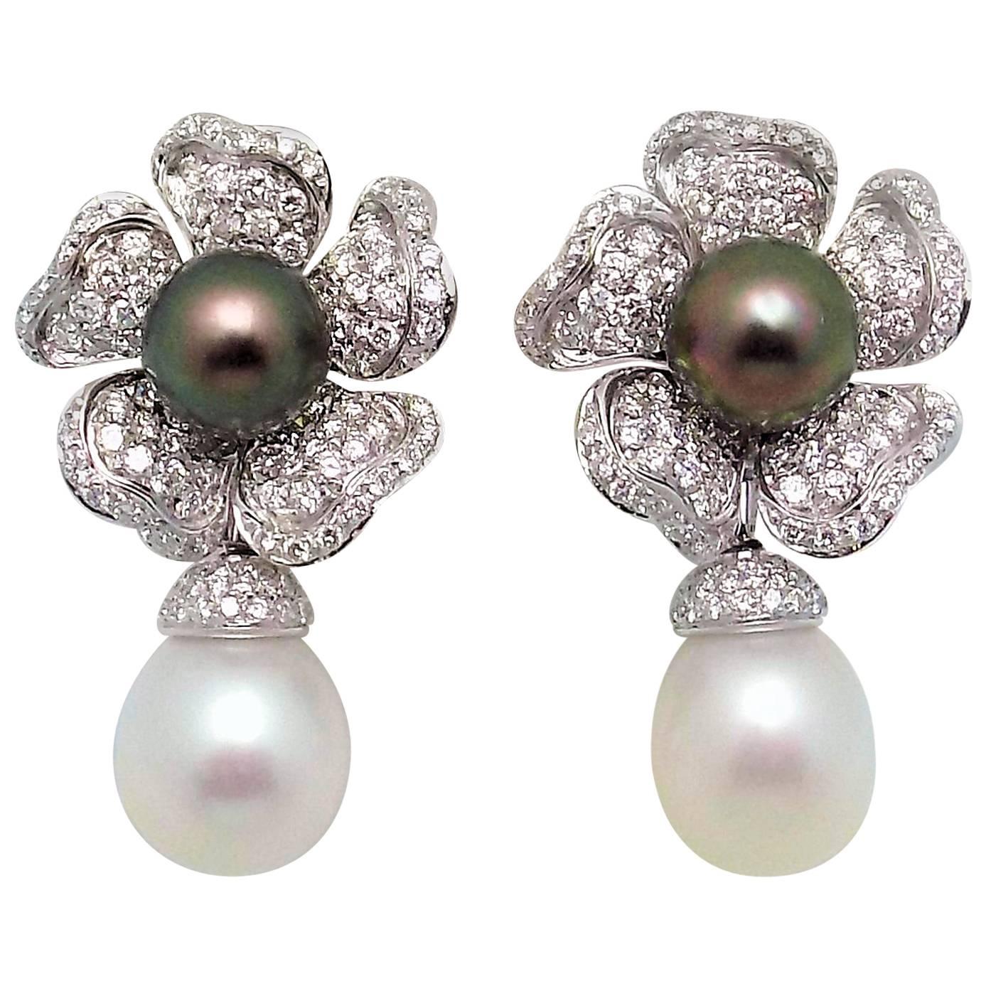 Tahitian and South Sea Pearl Diamond Removable Drop Italian Earrings For Sale