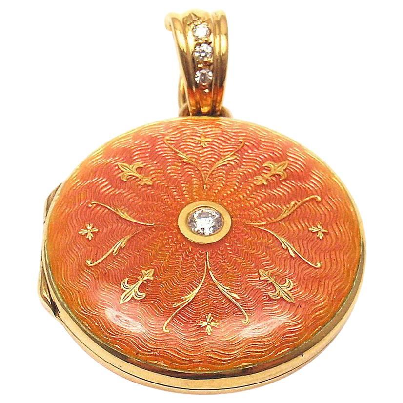 Faberge Ltd Edition Modern Diamond Orange Pink Enamel Gold Locket Pendant
