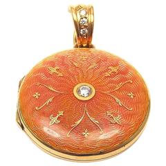 Vintage Faberge Ltd Edition Modern Diamond Orange Pink Enamel Gold Locket Pendant