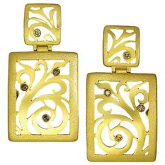 Champagne Diamonds Gold Ornament Drop Contrast Earrings Handmade in NYC Ltd Ed 6