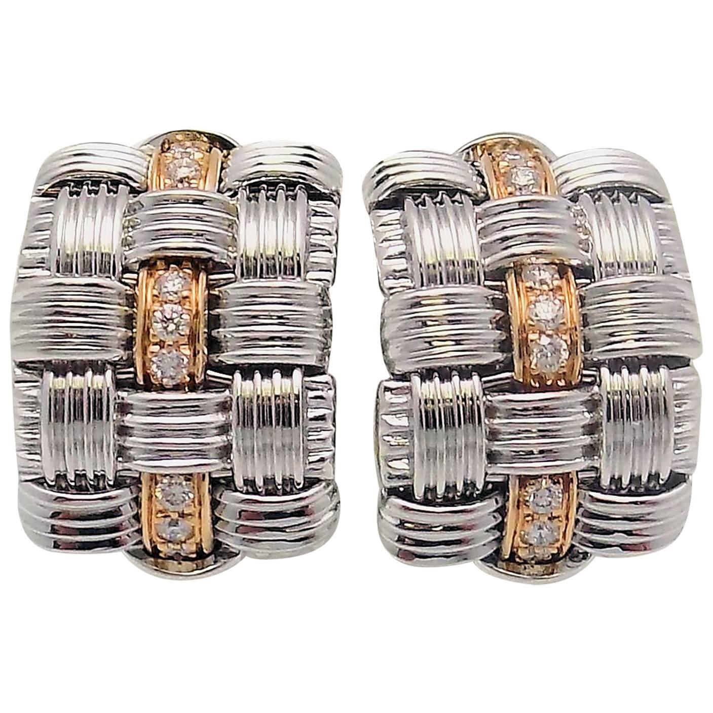 Roberto Coin Appassionata White and Rose Gold Diamond Triple Row Earrings 