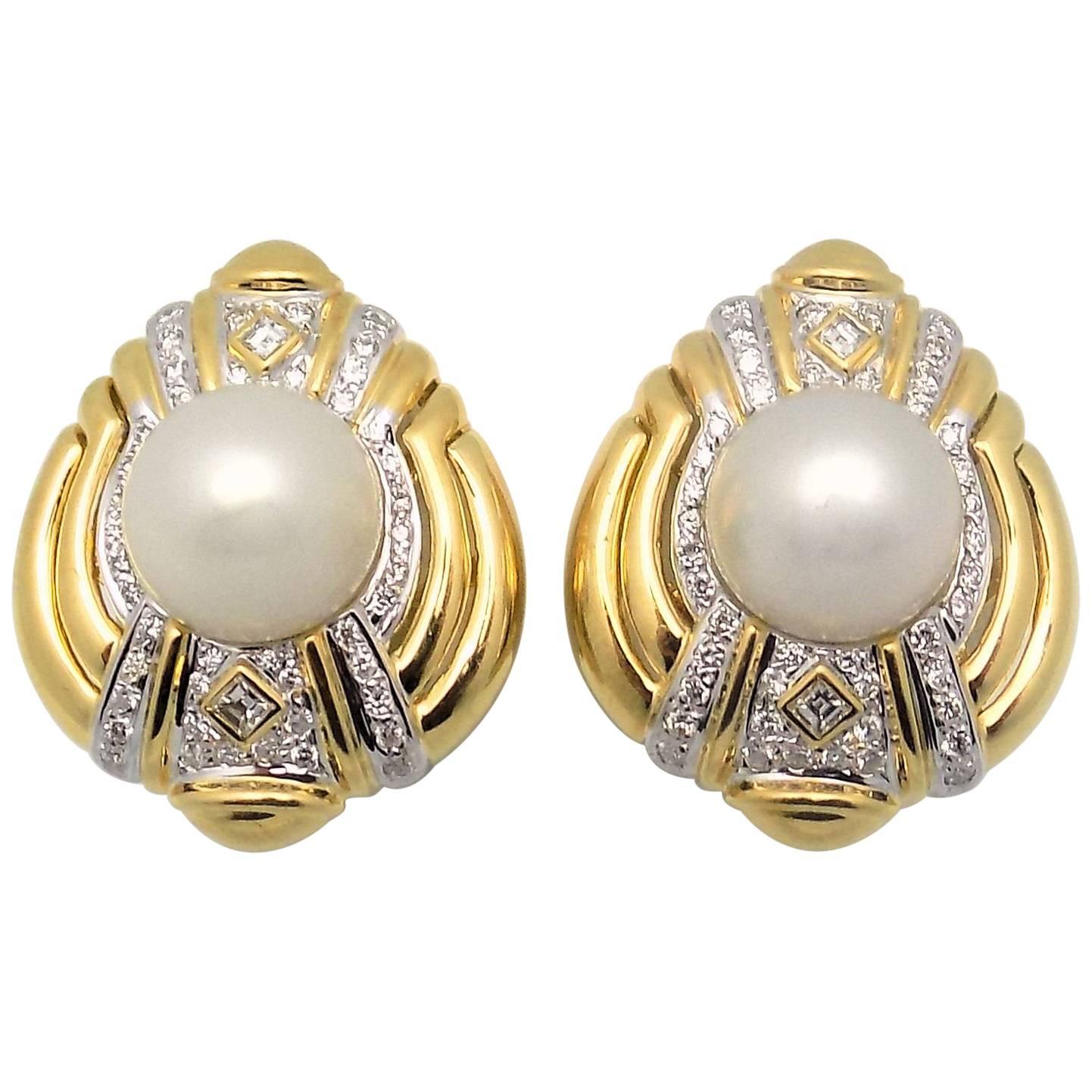 Mabe Pearl  Diamond Gold Earrings. For Sale