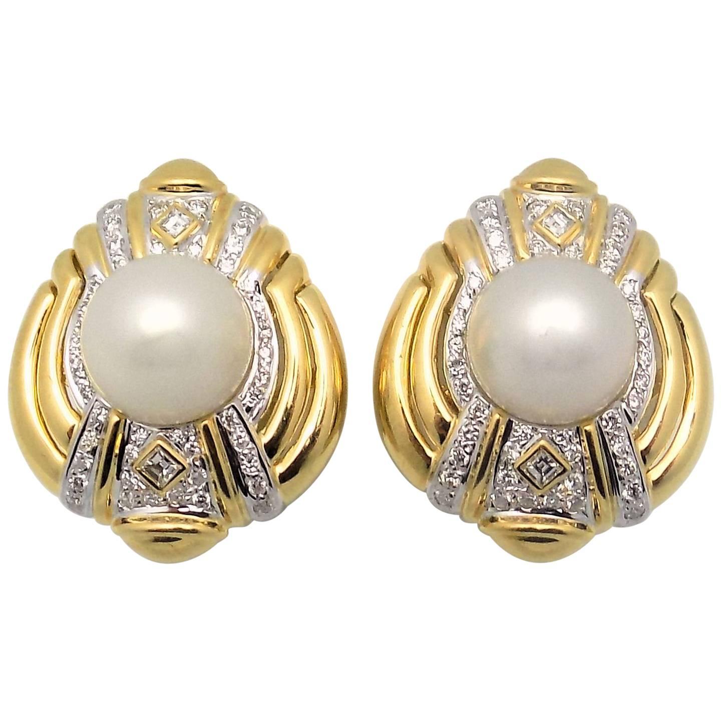  Mabe Pearl  Diamond Gold Earrings.  For Sale