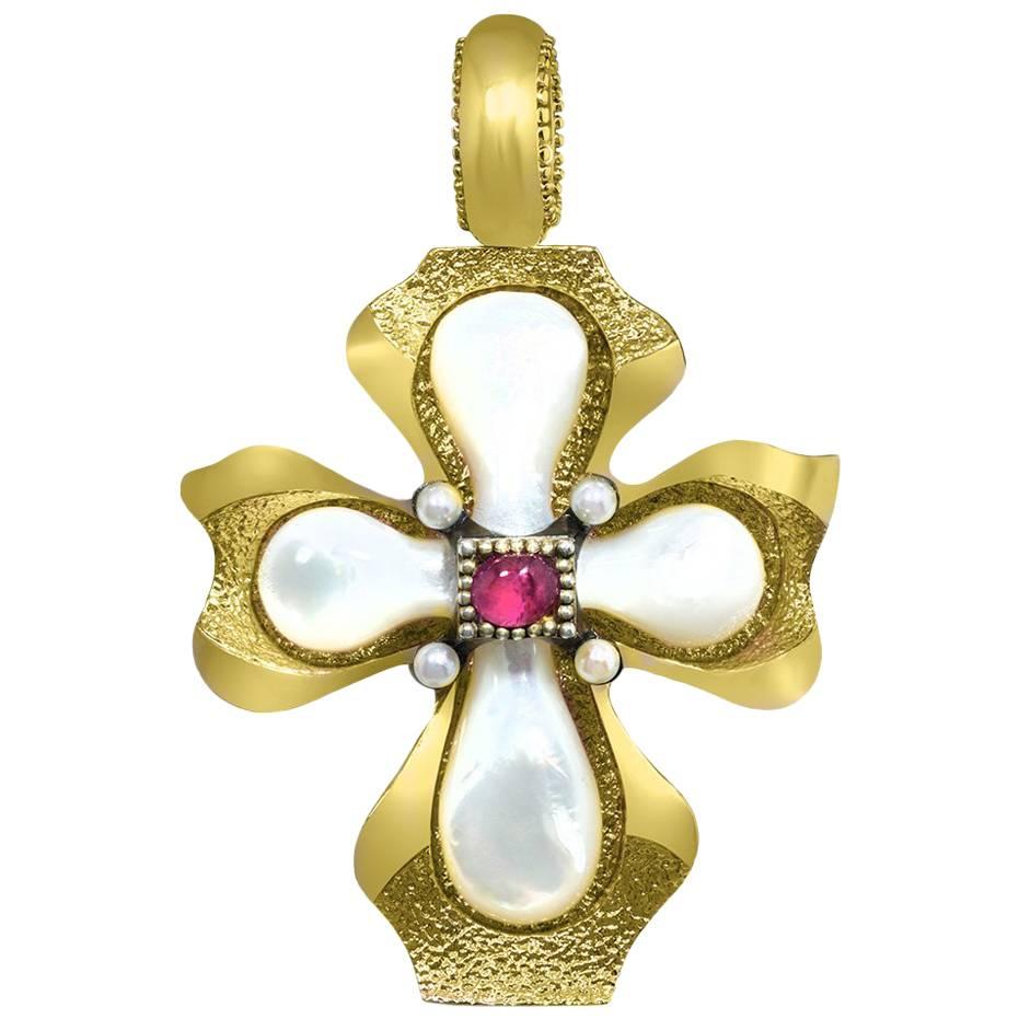 Alex Soldier Mother of Pearl Ruby Pearl Silver Gold Cross Pendant Handmade in NY
