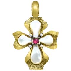 Mother of Pearl Ruby Pearl Silver Gold Cross Pendant Handmade in NYC Limited Ed 12
