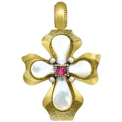 Alex Soldier Mother of Pearl Ruby Pearl Silver Gold Cross Pendant Handmade in NY