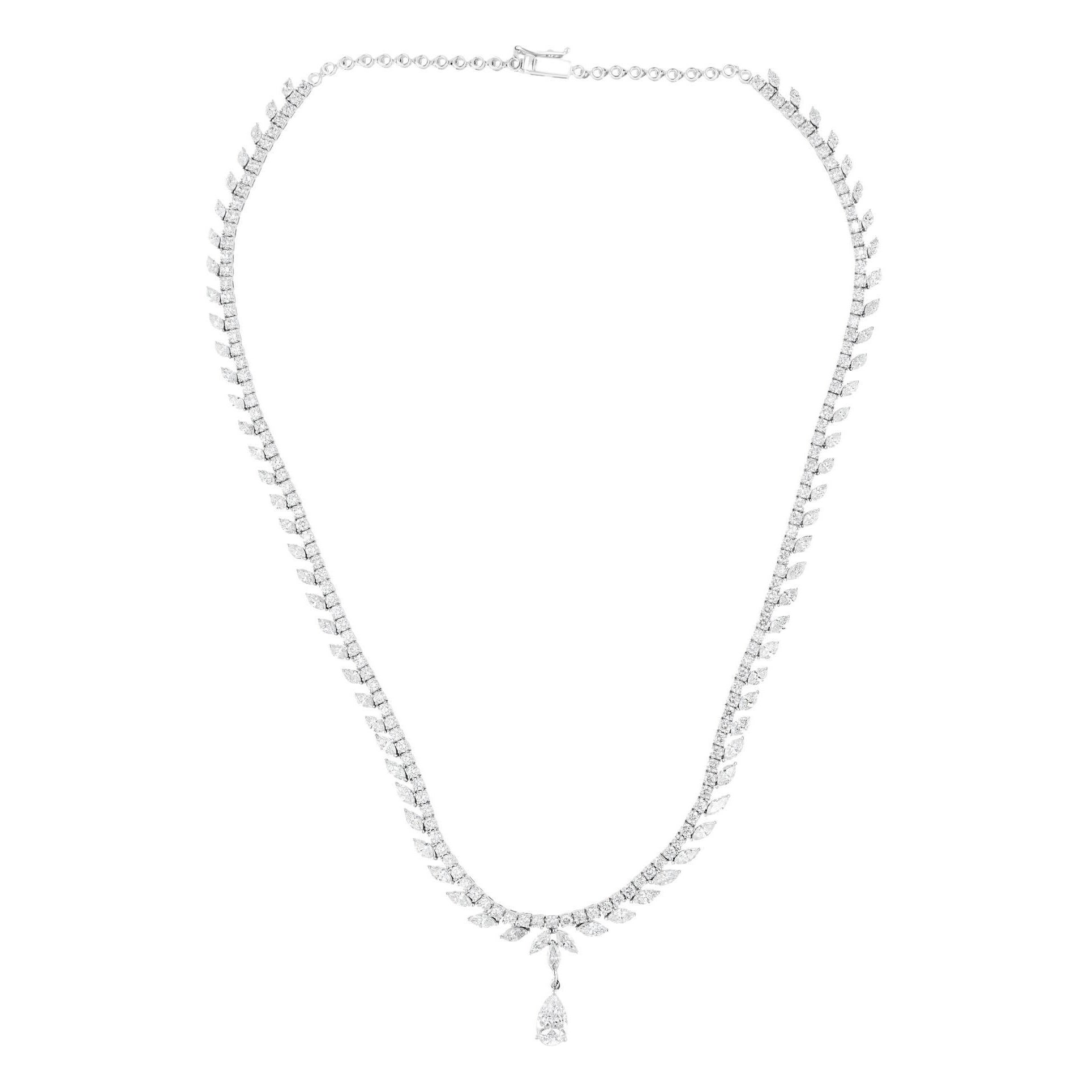 11.92 Carat SI/H Pear Brilliant Cut Diamond Necklace 14 Karat White Gold Jewelry