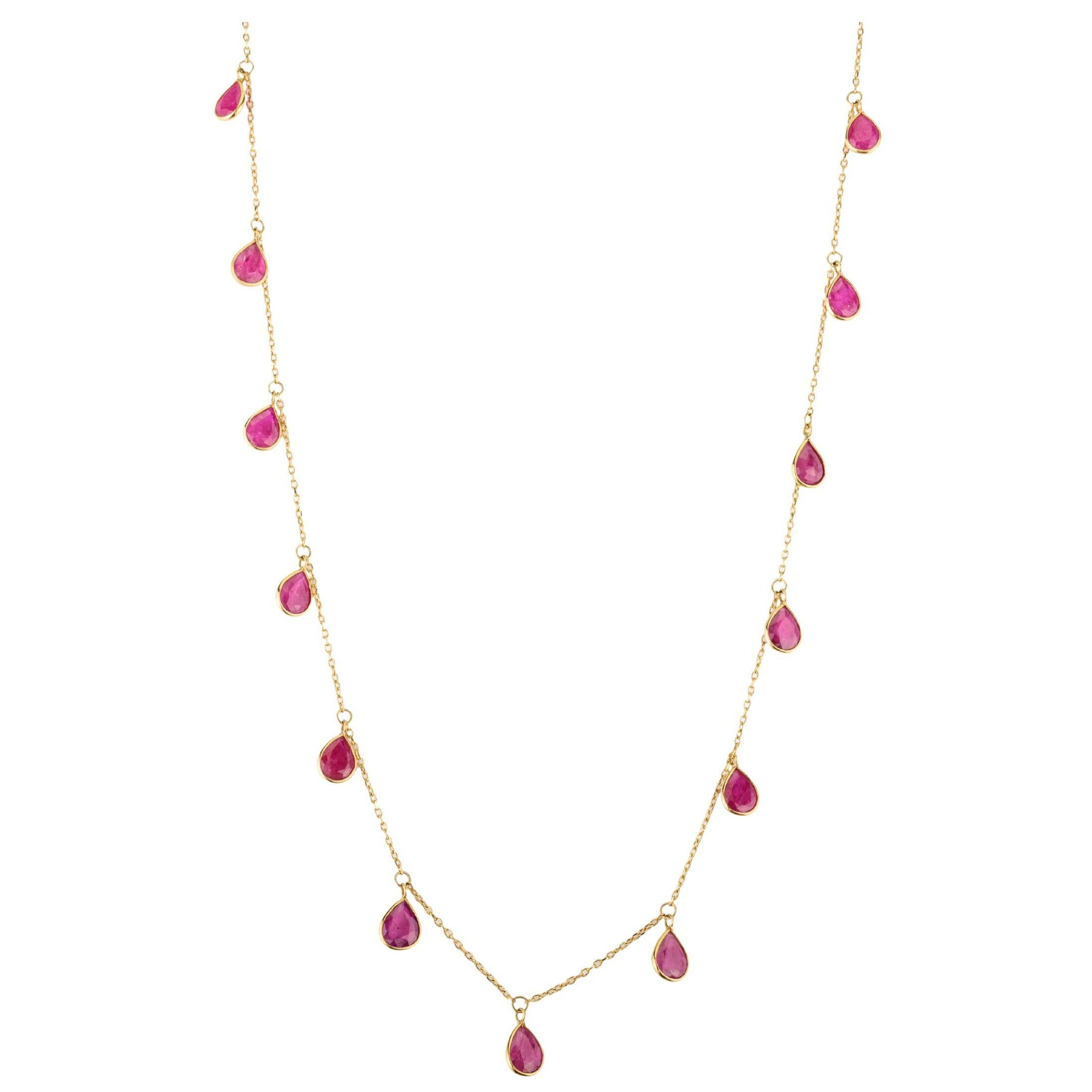 Birne Bezel Set Rubin Fransen Halskette in 18 Karat Gelbgold Geschenk für Frauen