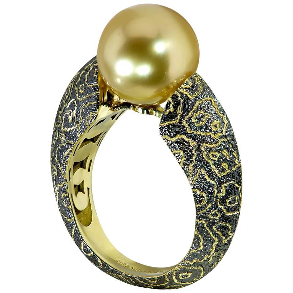 Alex Soldier South Sea Pearl Textured Yellow Gold Rhodium Ring Handmade in NYC