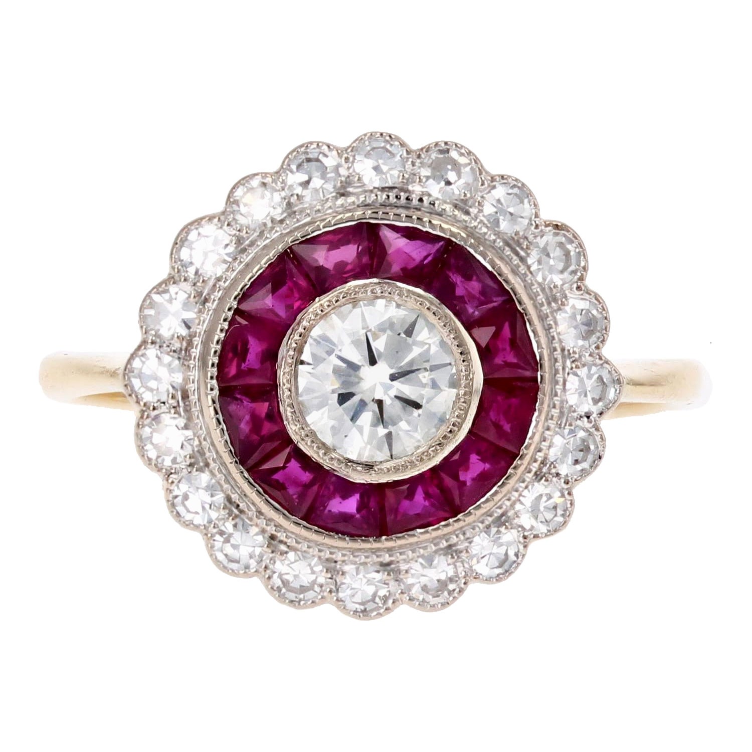 New Art Deco Style Calibrated Rubies Diamonds 18 K White Yellow Gold Round Ring