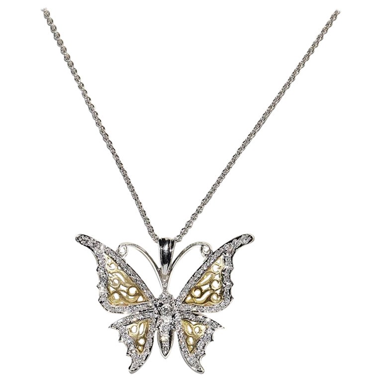Vintage Circa 1990s 18k Gold Natural Diamond Butterfly Pendant Necklace