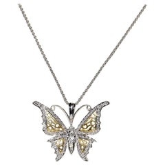 Vintage Circa 1990s 18k Gold Natural Diamond Butterfly Pendant Necklace