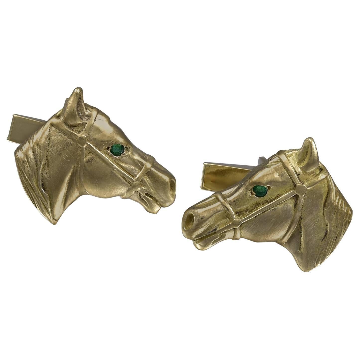 Horse Head Gold Cufflinks with Emerald Eyes