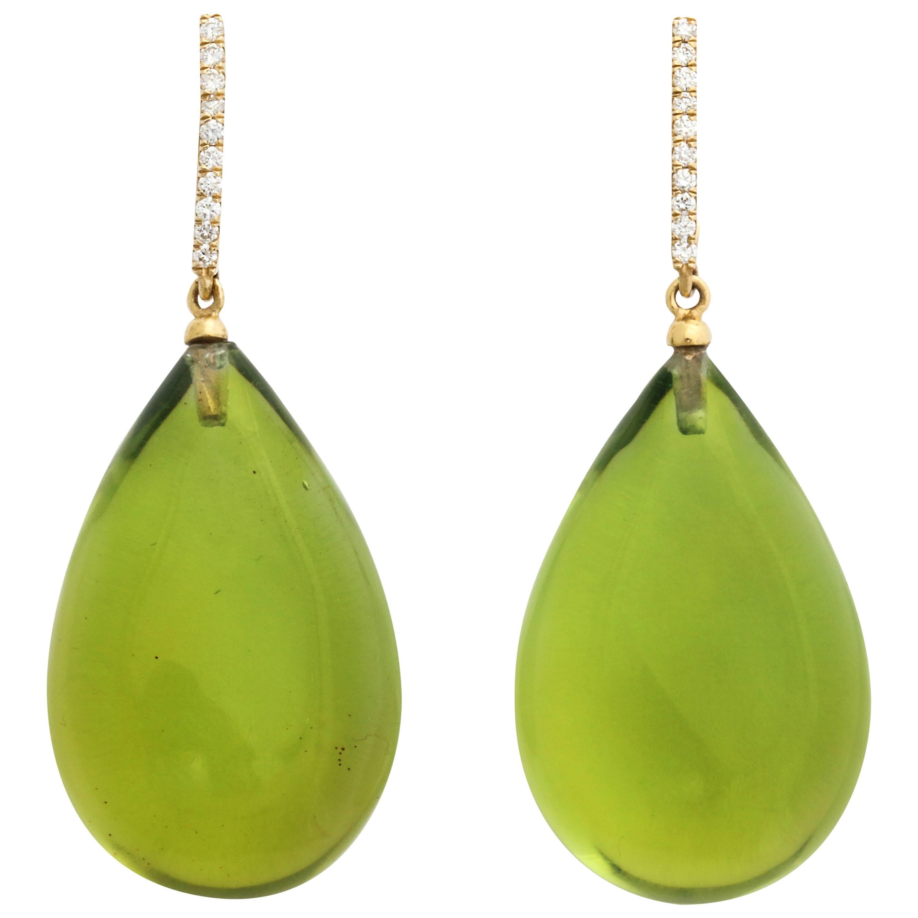 Green Amber and Diamond Gold Long Drop Earrings at 1stDibs