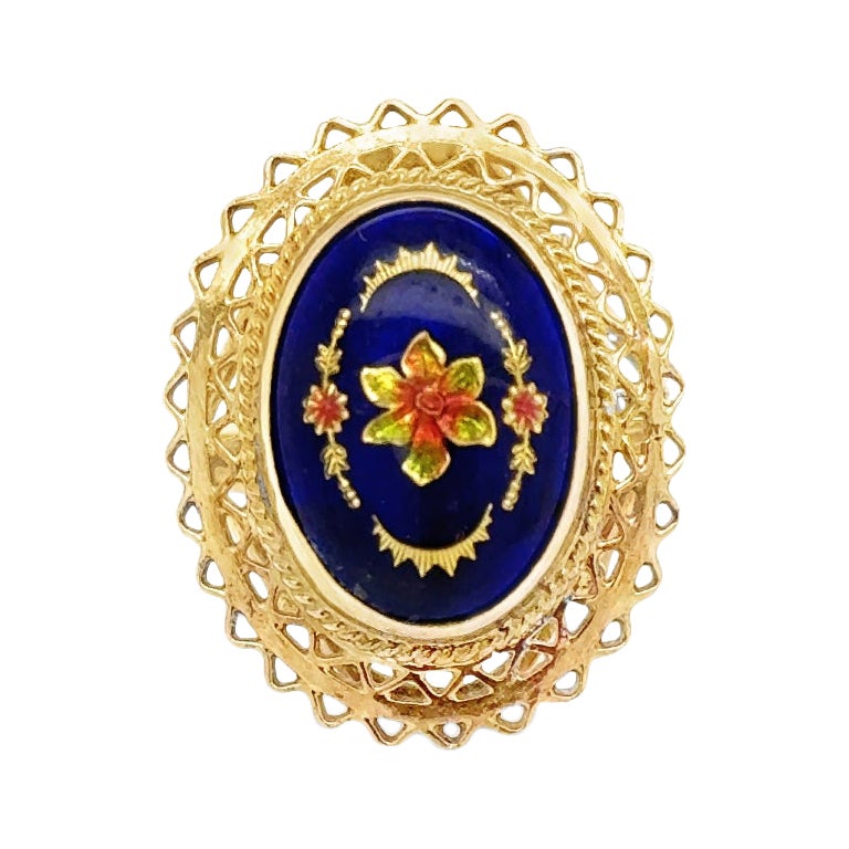 Victorian Cobalt Blue Glass Gemstone With Inlaid Golden Floral Top Ring Size 7 For Sale