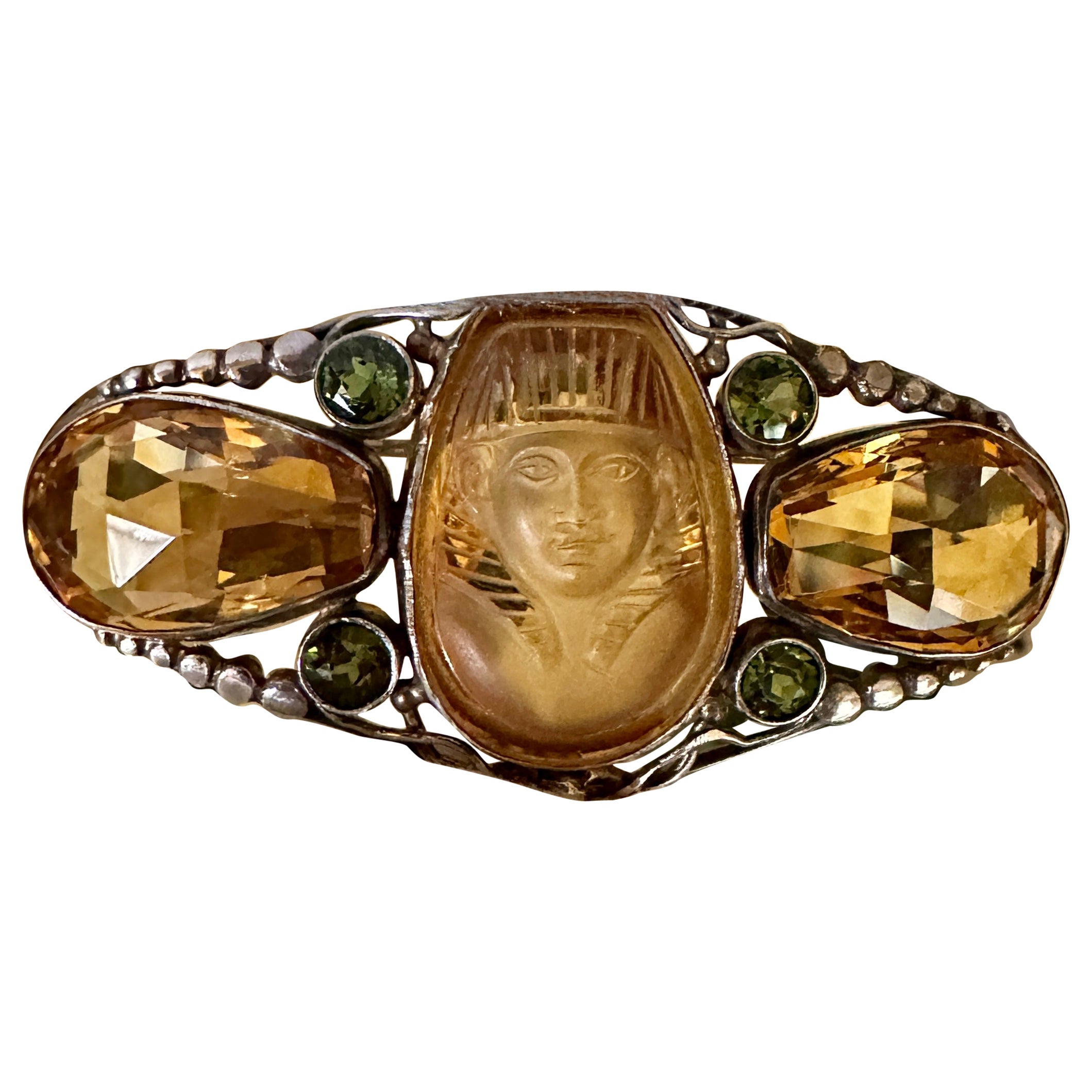 Egyptian Revival Carved Citrine Peridot Pharaoh King Tut Brooch Pin Art Deco