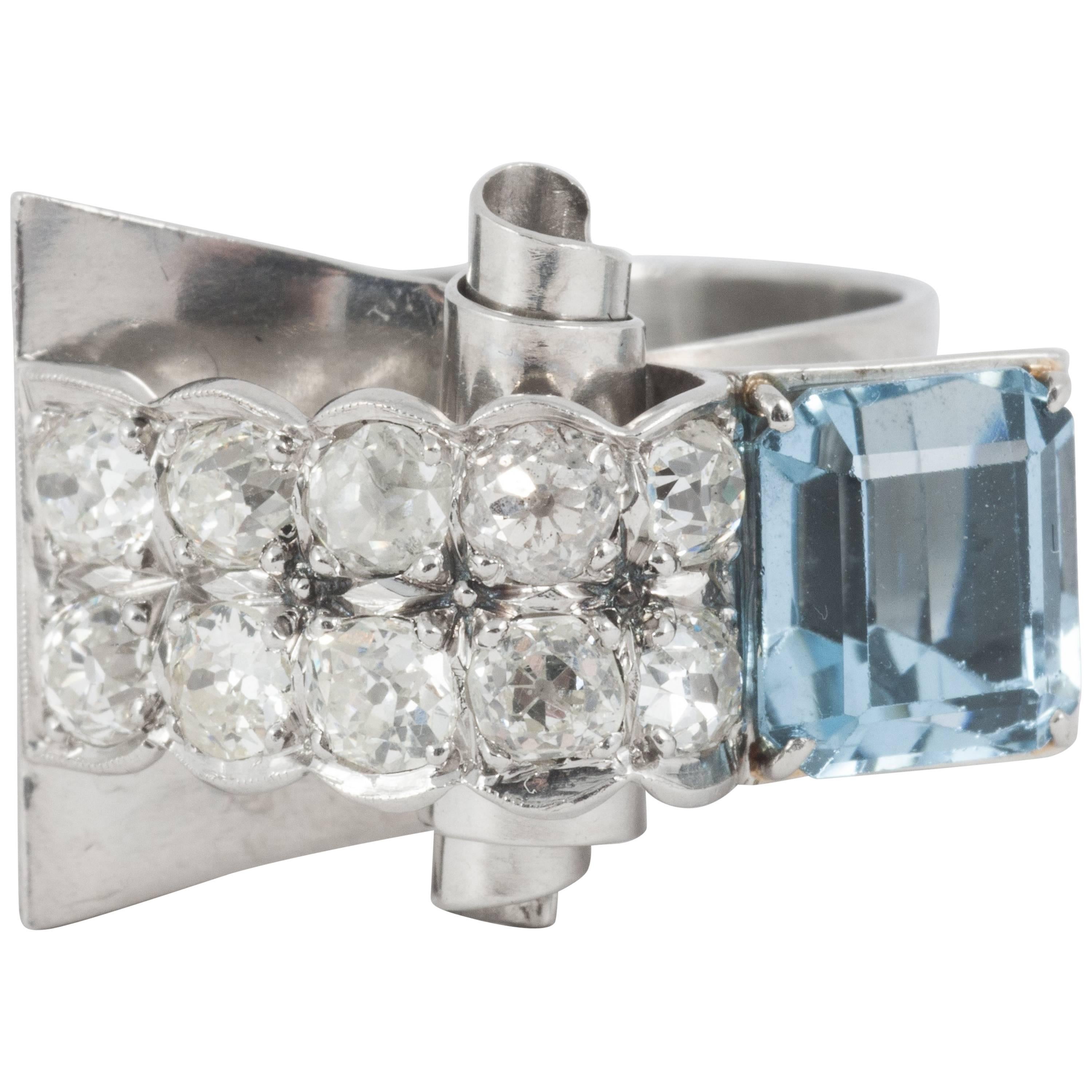 Art Deco Aquamarine Diamond platinum Ring For Sale