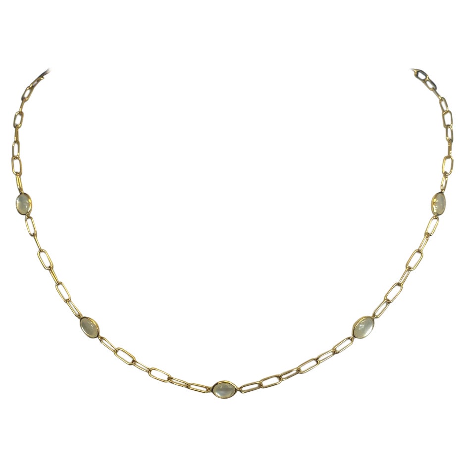 Paperclip Mother-of-Pearl Station Necklace 5 Bezels 18 Inches 14K Yellow Gold