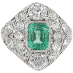 Antique Edwardian Emerald Diamond Platinum Ring