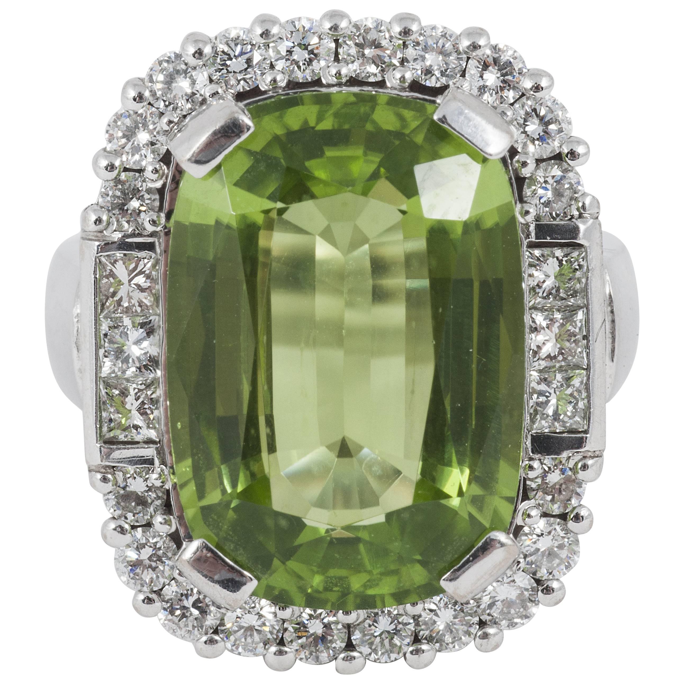 1970s Large Cushion Peridot Diamond Platinum Gold Cocktail Ring For Sale