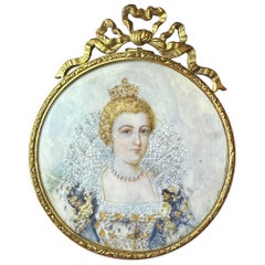 Siglo XVIII-XIX Retrato Pintado a Mano Pintura en Miniatura Reina Joyas de la Corona