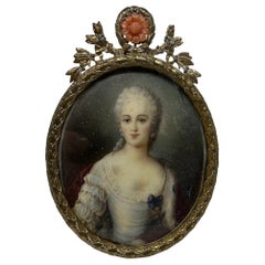 18th-19th Century Hand Painted Portrait Miniature Painting Coral Frame French
