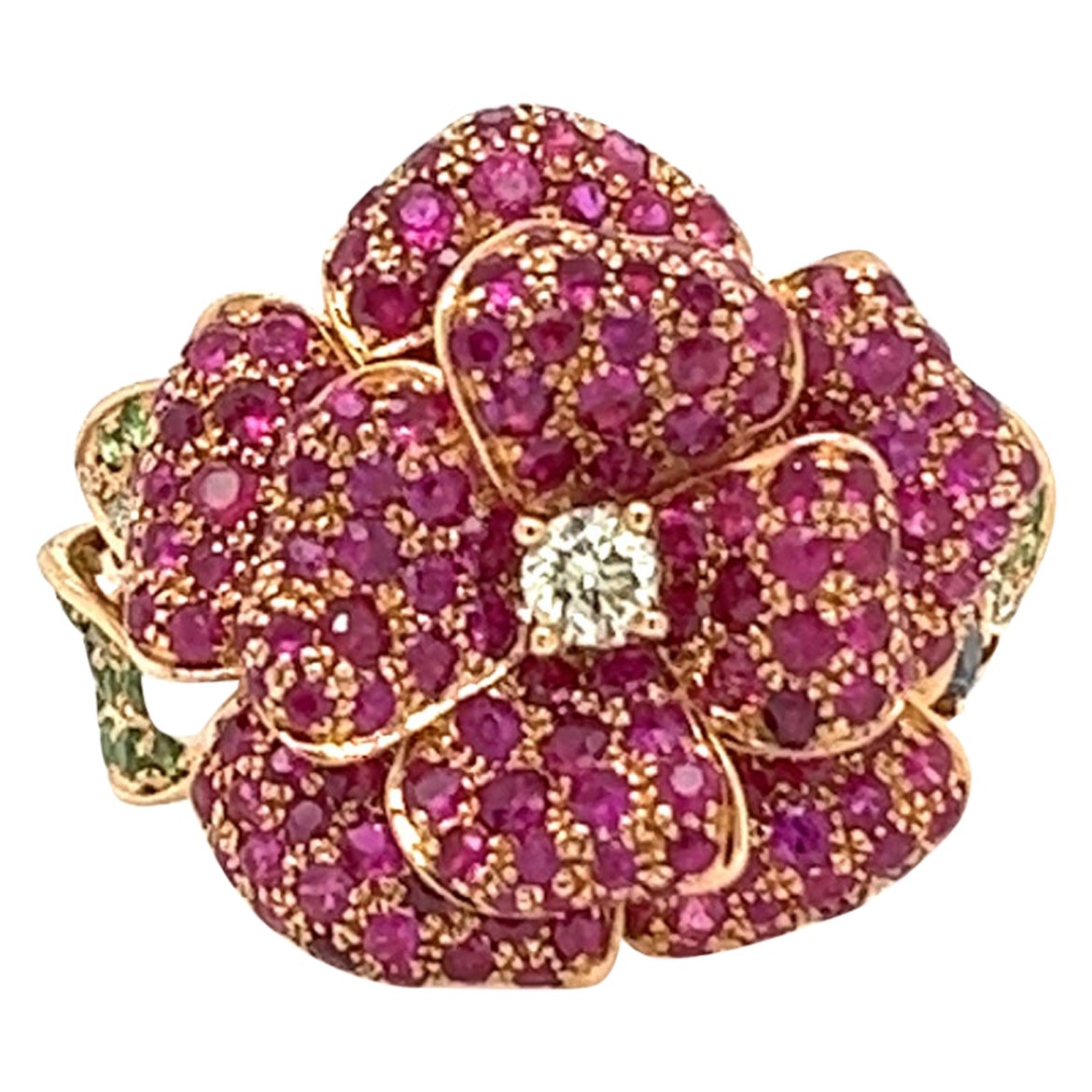 18K Rose Gold Ruby & Pearl Flower Ring with Diamonds