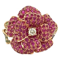 18K Rose Gold Ruby & Pearl Flower Ring with Diamonds