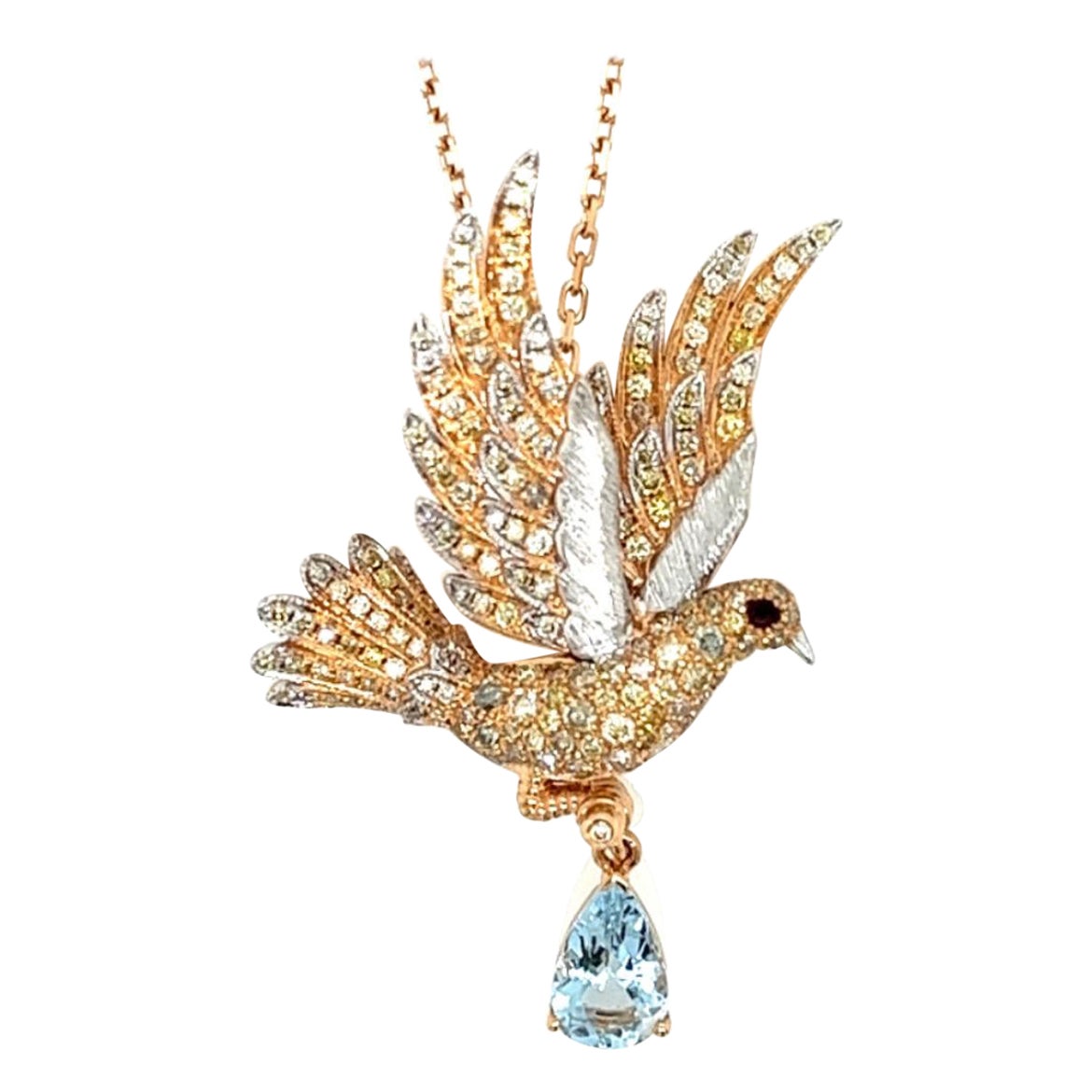 18K Rose Gold Aquamarine Bird & Stone Necklace with Diamonds