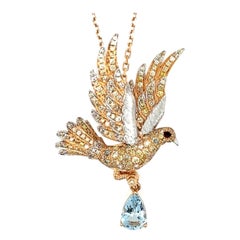 18K Rose Gold Aquamarine Bird & Stone Necklace with Diamonds