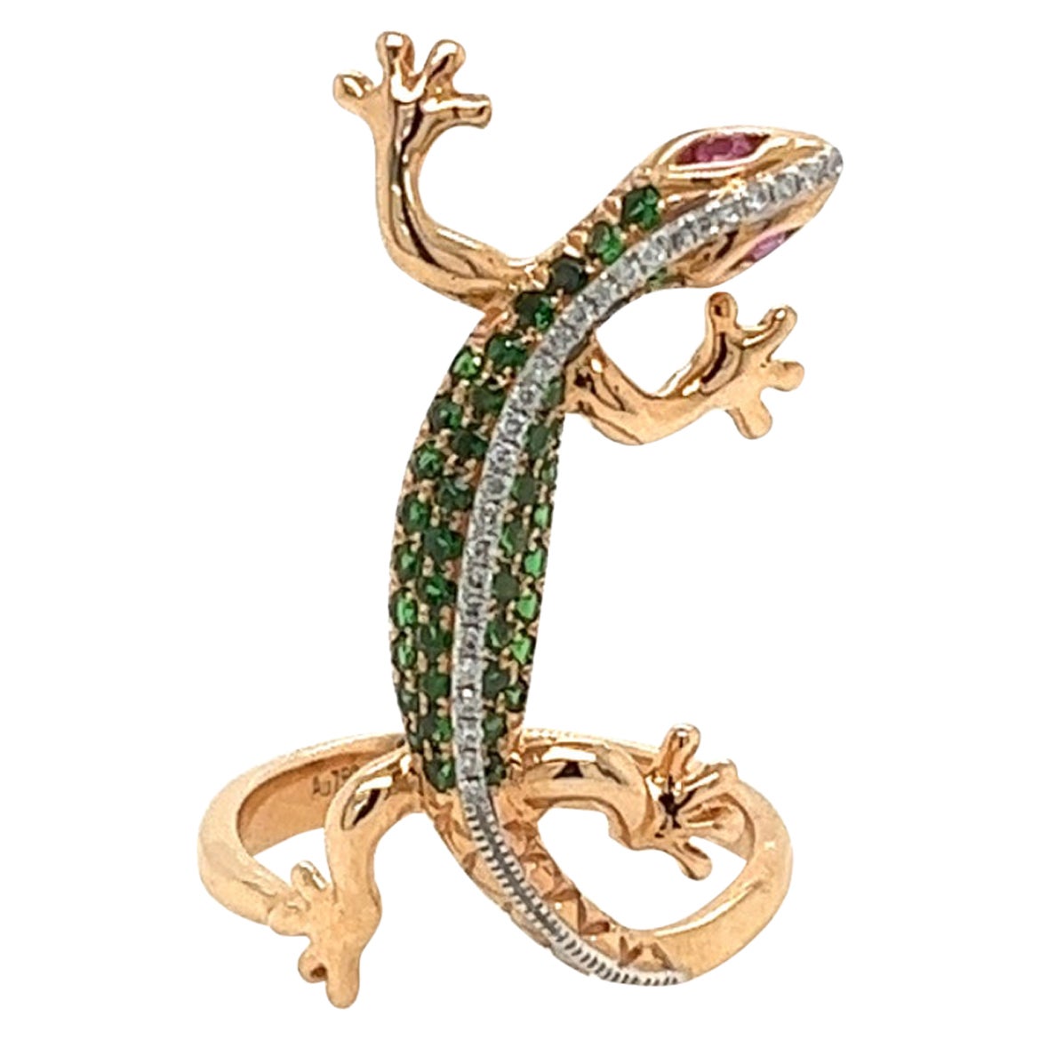 18K Rose Gold Green Garnet & Ruby Lizard Ring with Diamonds