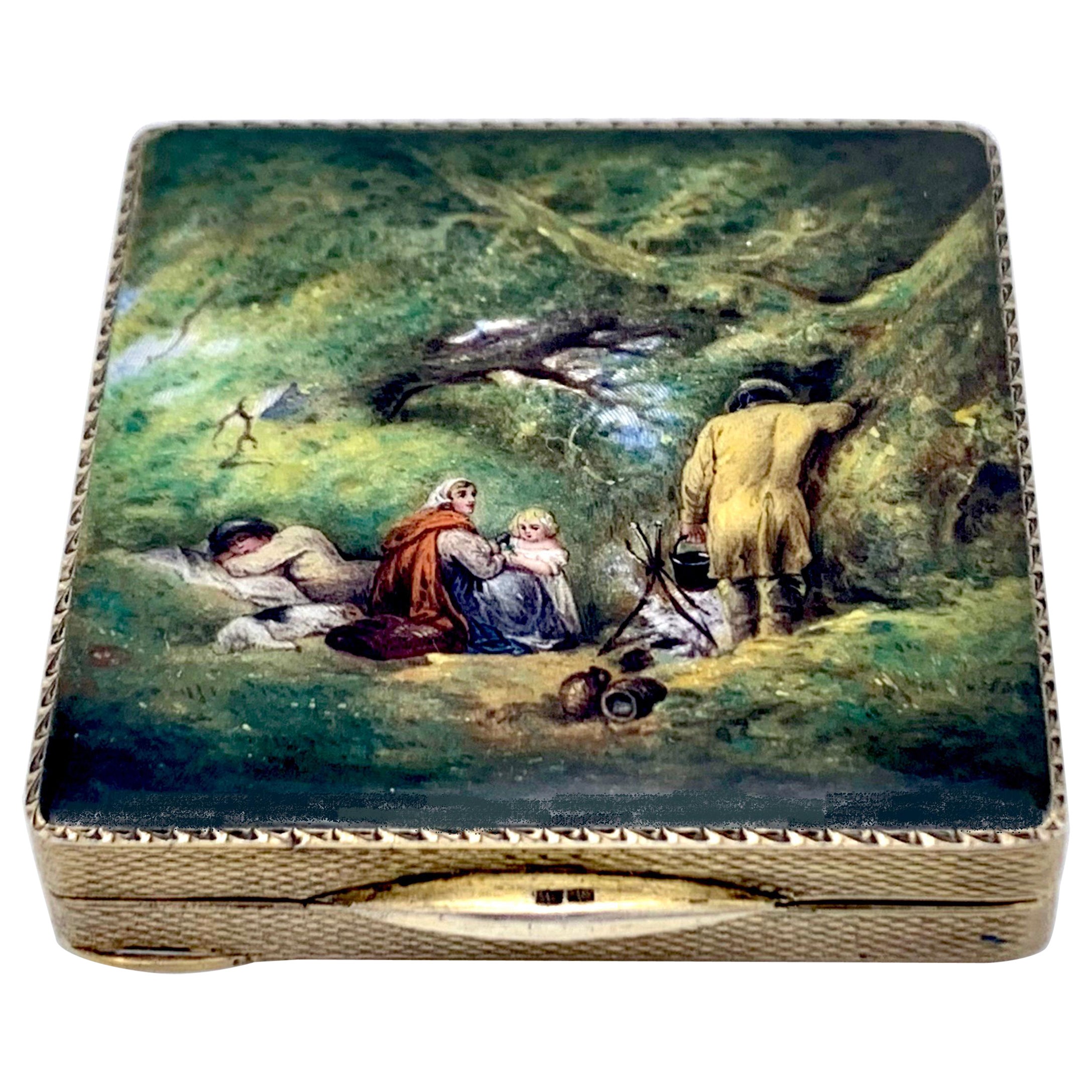Plata Antigua  Polvera Caja compacta Pintura esmaltada Escena de género Plata dorada