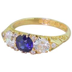 Antique Edwardian Sapphire Old Cut Diamond Gold Three Stone Ring
