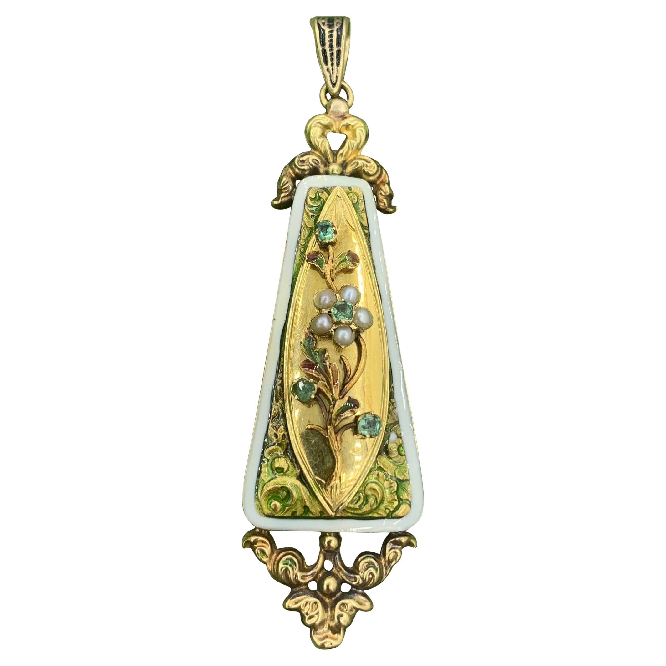Belle Epoque Emerald Forget-Me-Not Flower Pendant Necklace Enamel 14 Karat Gold