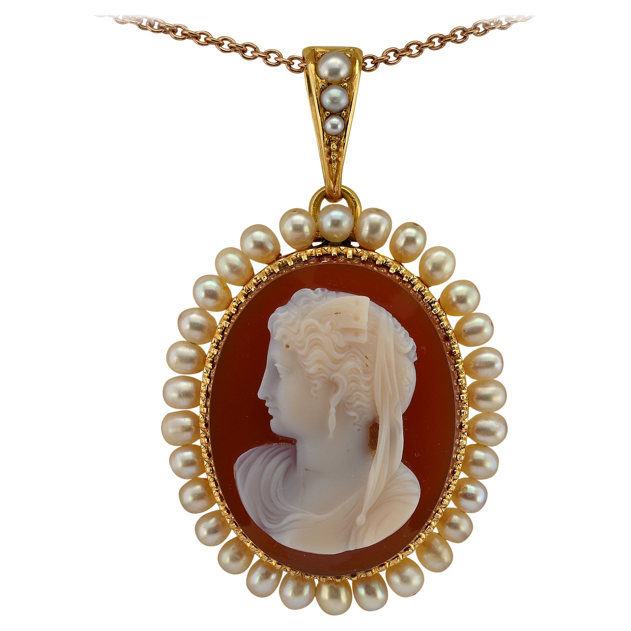 Georgian French Carnelian Cameo Pearl 18 Kt Pendant