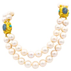 Art Nouveau Style Milky Aquamarine Pearl Turquoise Yellow Gold Necklace