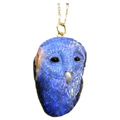 Large carved Blue Opal with matrix Owl 18k pendant