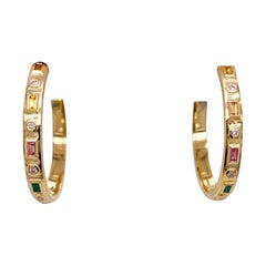 Rainbow Sapphire Baguette & Diamond 1-Inch Round Hoops in 14K Yellow Gold