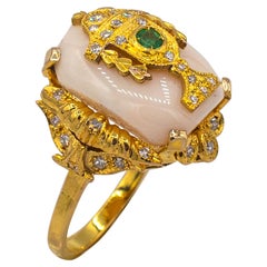 Art Deco Style Pink Coral White Diamond Emerald Yellow Gold Cocktail Ring