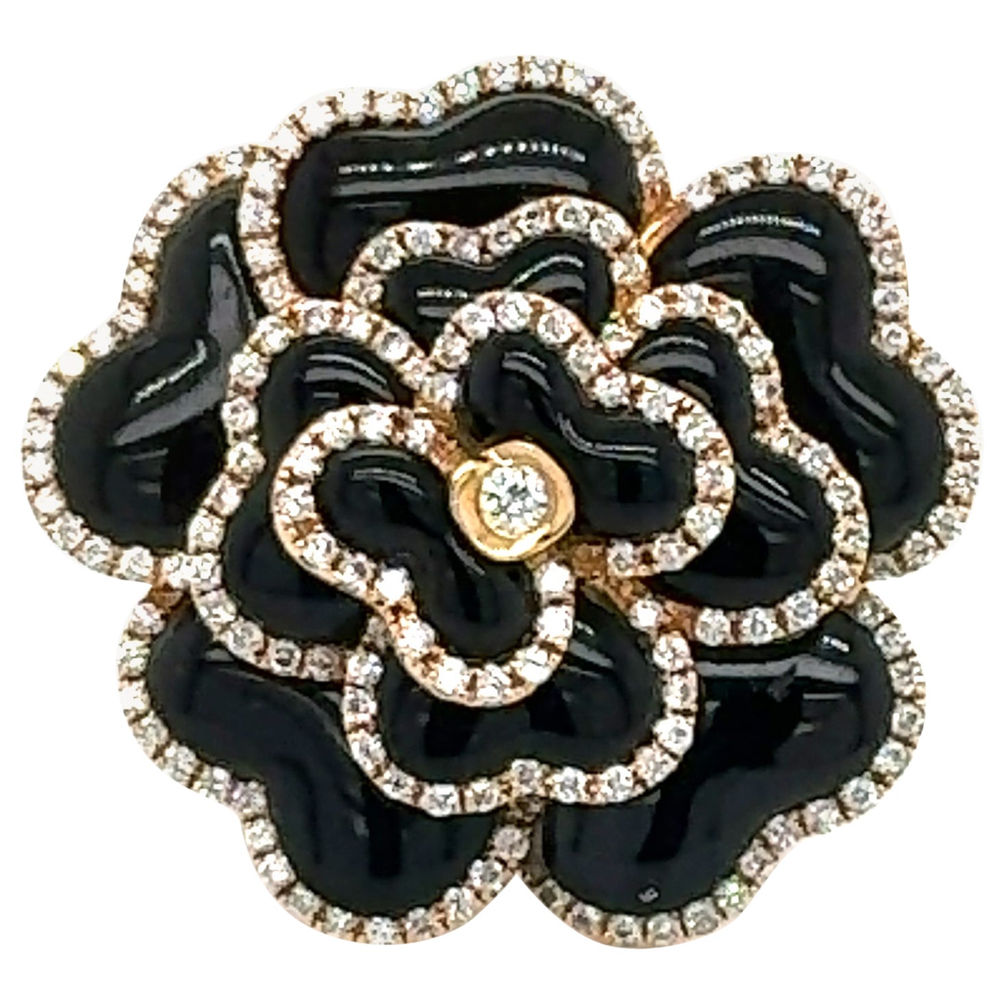 Anello da cocktail moderno in oro rosa 18k con onice nera e diamanti a fiore di rosa