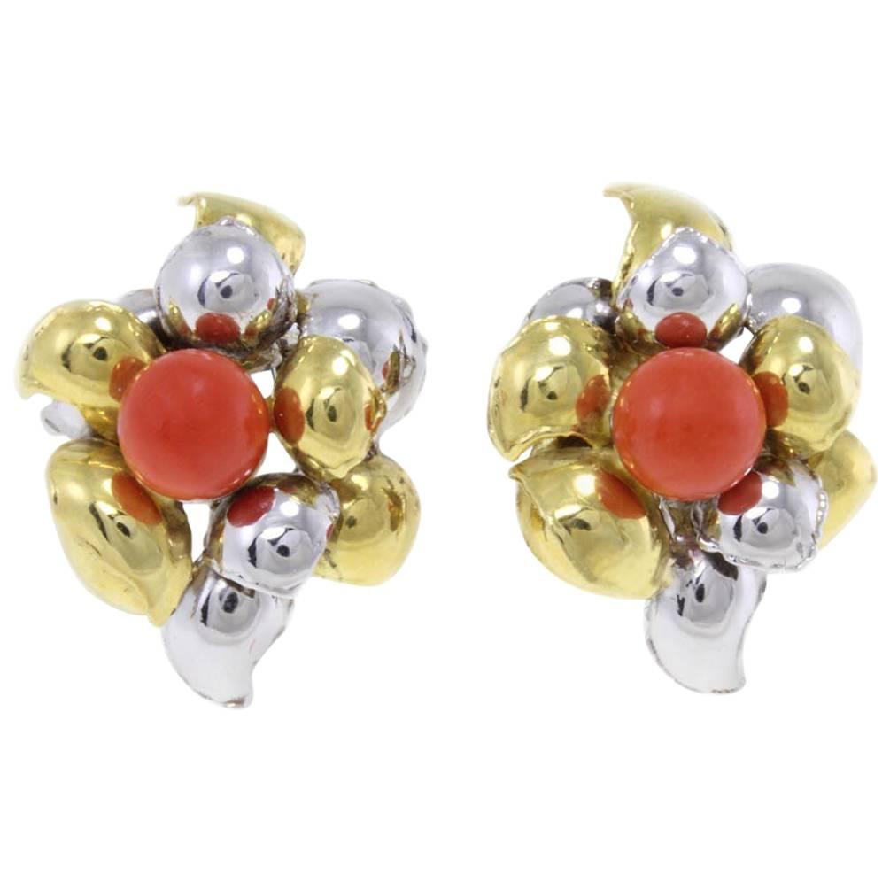 Red Coral Spheres, 18K White and Yellow Gold Leaves Shape Clip-on  Earrings