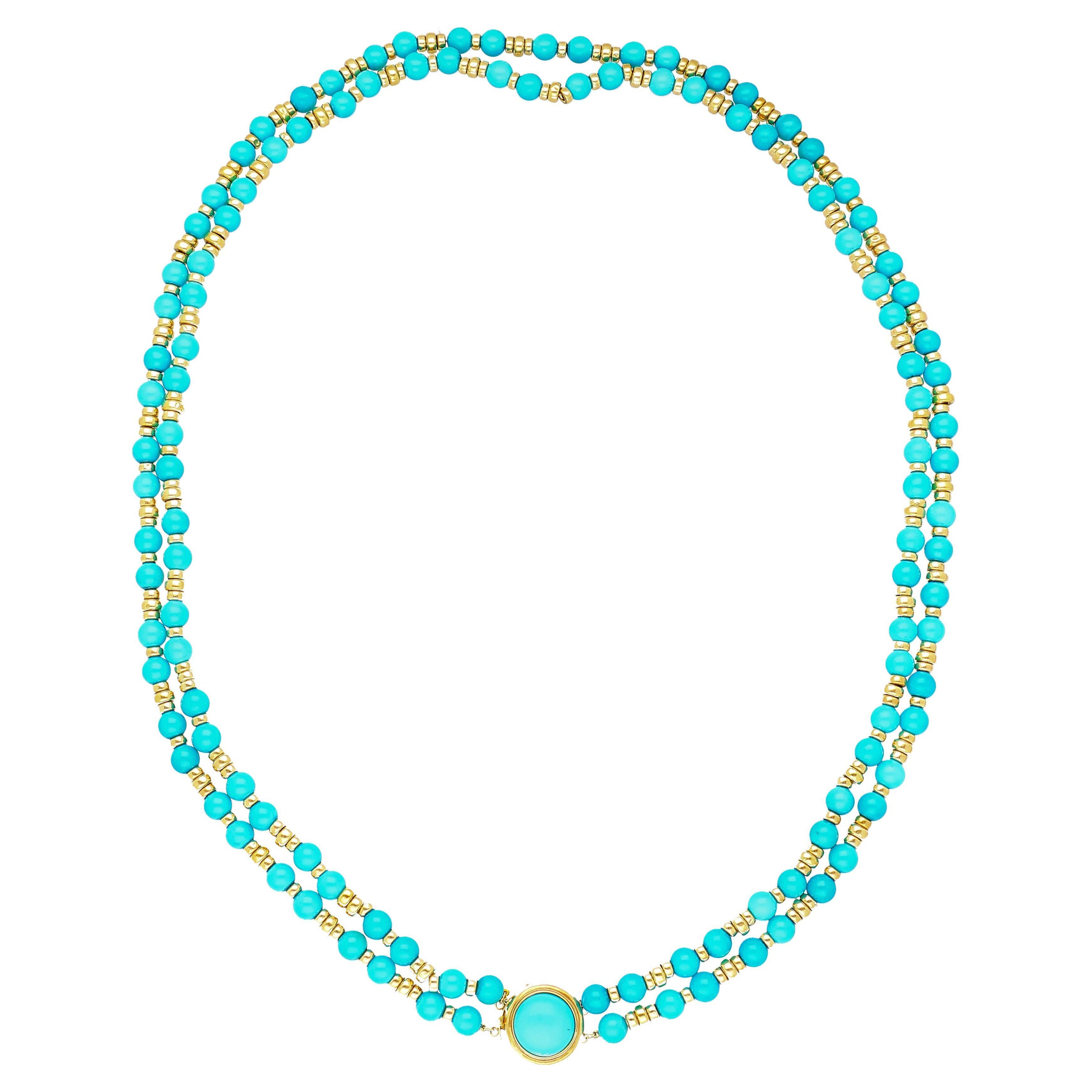 Collier de perles et pendentifs en or 14k et turquoise vintage