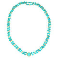 Collier de perles et pendentifs en or 14k et turquoise vintage