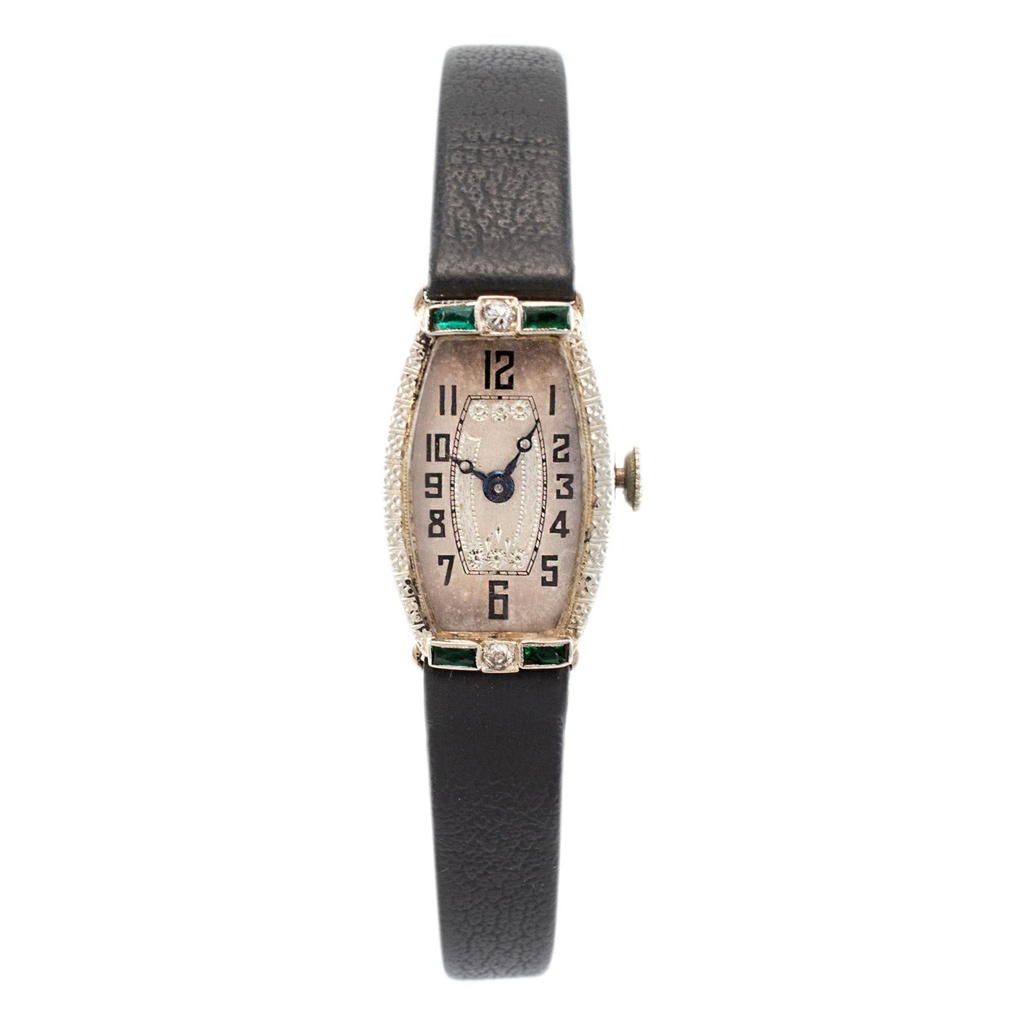 Antique A. LeCoultre 19.5k White Gold Manual Winding Diamond Emerald  Watch