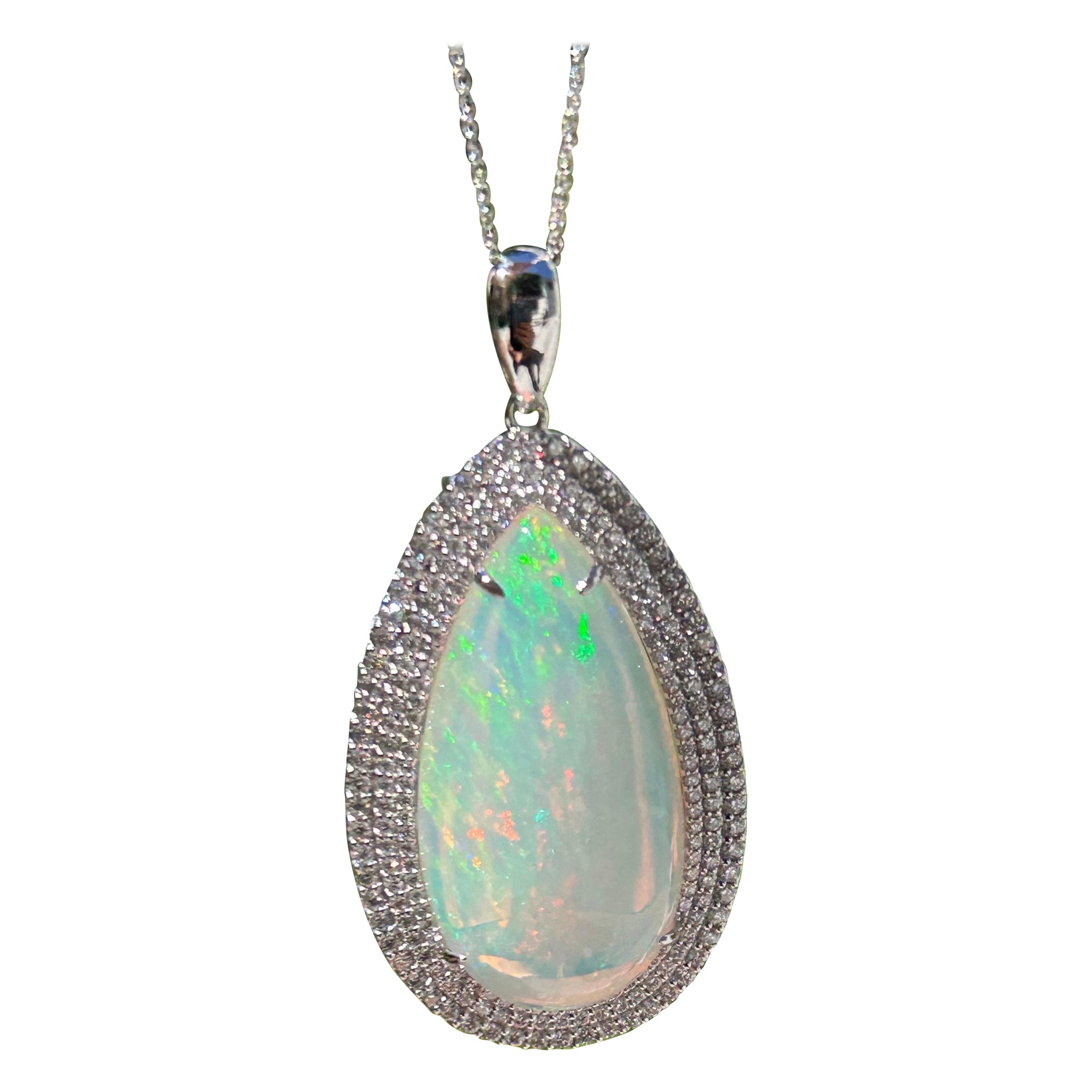 49 Carat Pear Cut Opal and Diamond White Gold Pendant Necklace For Sale