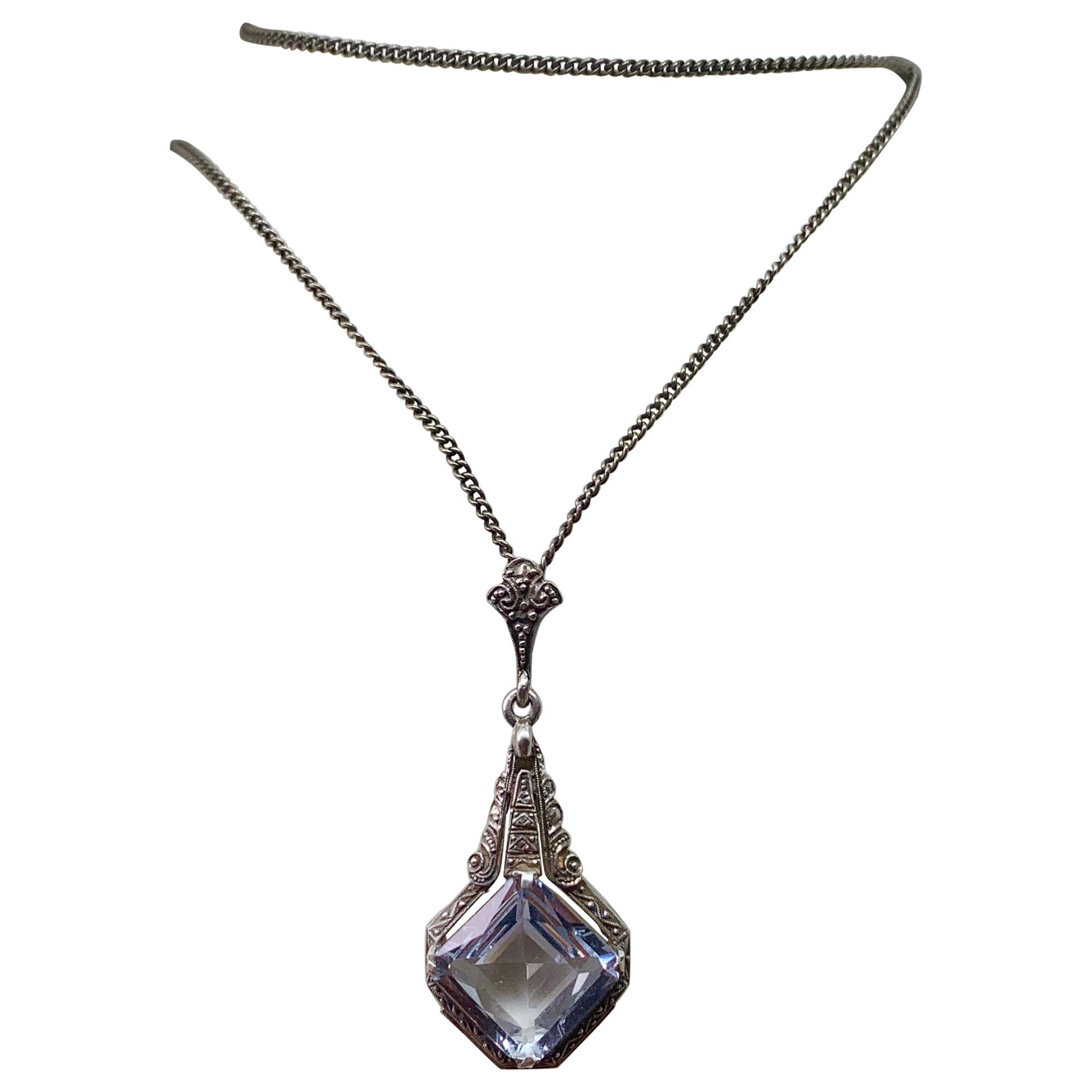 Art Deco 8.6 Carat Blue Spinel Pendant Necklace Silver Antique Circa 1920 For Sale