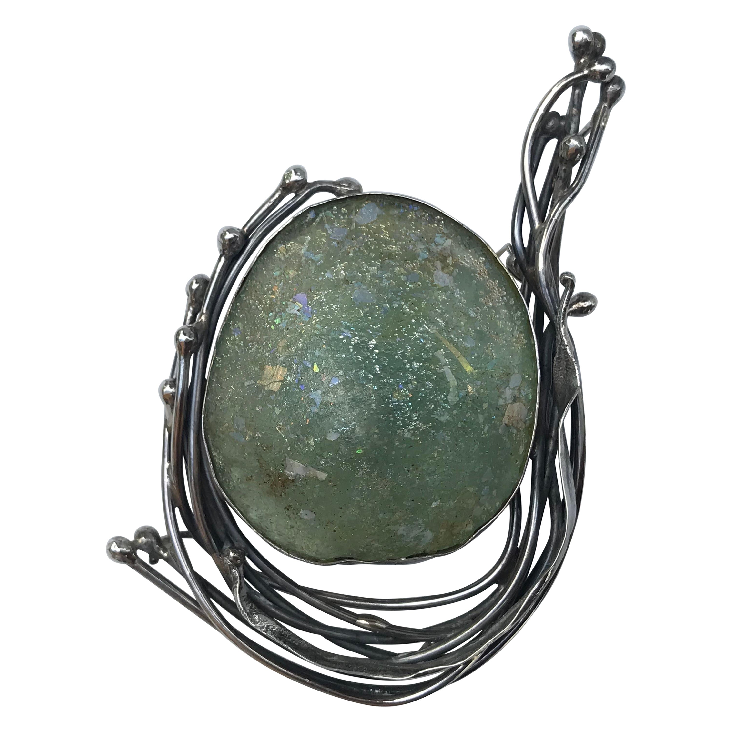 Israeli Modernist Avi Soffer 925 Silver and Roman Glass Brooch For Sale