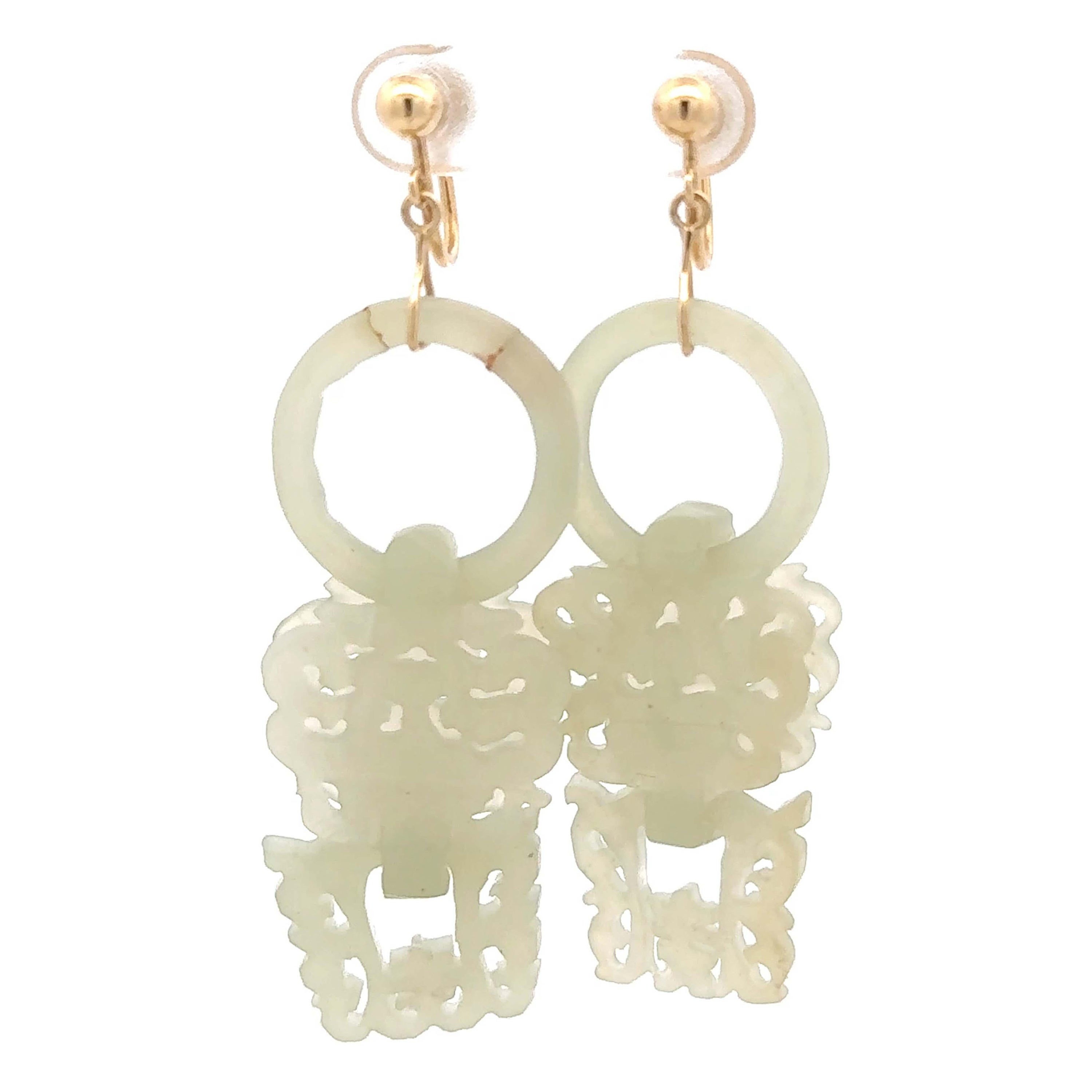 Devils Work White Jade Dangly Earrings 14k Yellow Gold