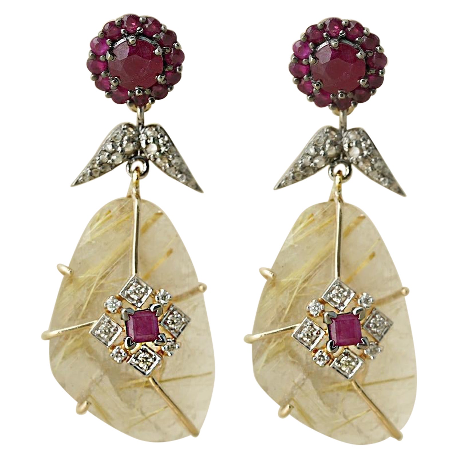Moi Kiraz Tropfenohrringe aus Gold, Silber, Diamant, Gold, Rutile und Rubin