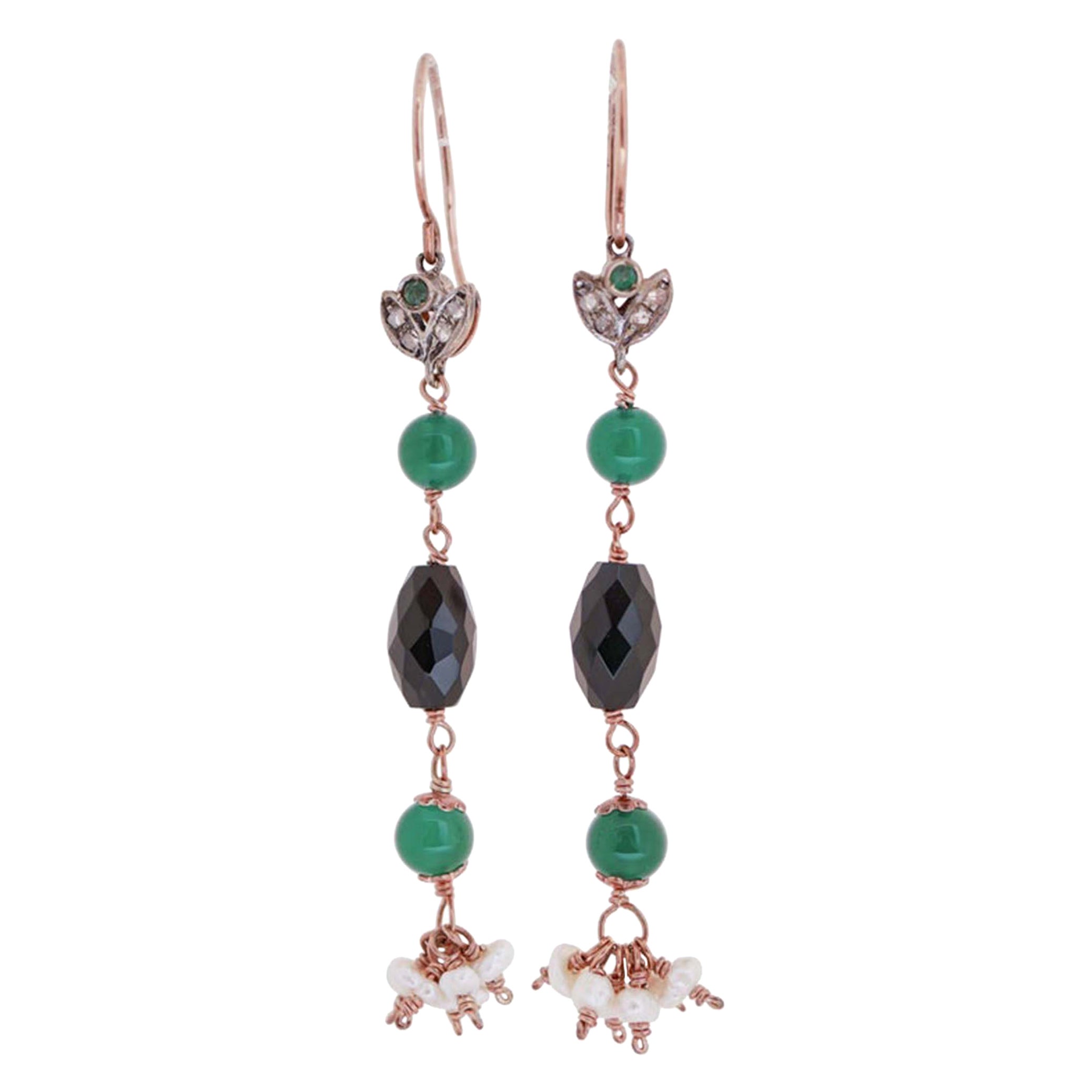 Green Agate, Onyx, Emeralds, Diamonds, Pearls, Rose Gold and Silver Earrings.